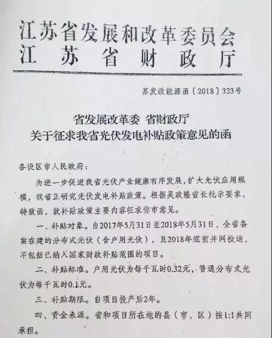 江蘇出新政!戶用光伏0.32元,普通分布式0.1元!(圖1) 江蘇出新政!戶用光伏0.32元,普通分布式0.1元!(圖1)